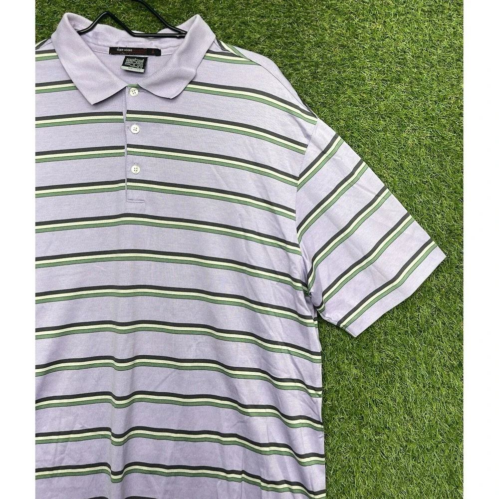 Tiger Woods Nike Polo Shirt Mens Large Striped Purple Golf Outdoor Beach Comfort